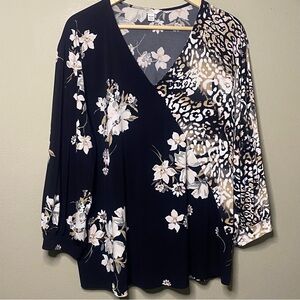 Cato V-Neck Blouse Women 18/20W Black Dark Floral Animal Print Long Sleeve